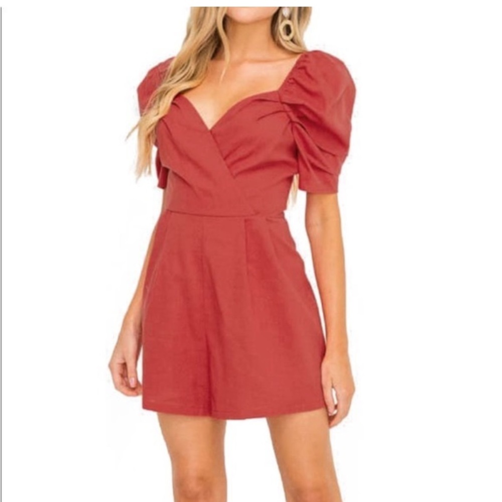 NWT All in Favor cranberry short puff sleeve romper